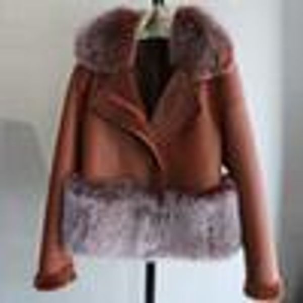 Осень Зима теплая Real Шуба Женщины с Real Fox Fur отделка из натуральной замши Меховые куртки