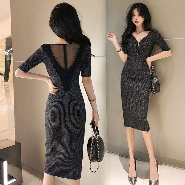 

2020 новые женщины весна лето блестки сексуальное кружево вязание v-образным вырезом повседневная повязка bodycon вечернее платье дамы плать, Black;gray