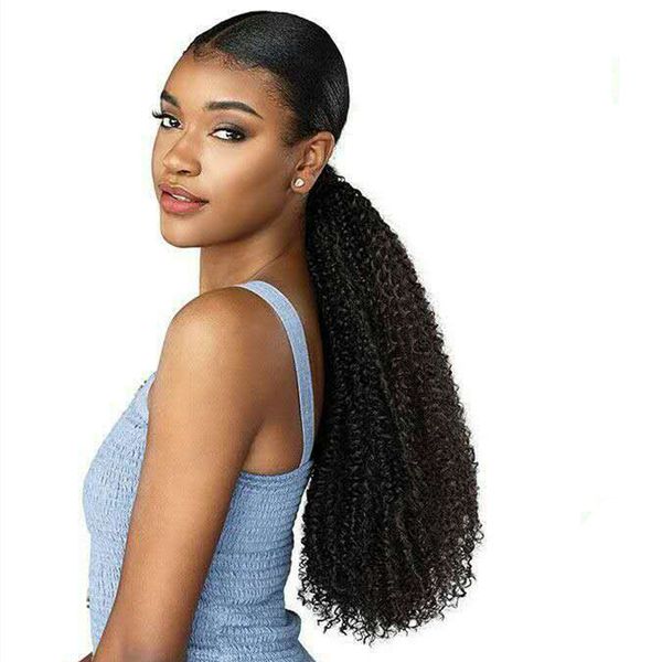 

one piece wrap around human hair ponytail extensions clip in on afro kinky curl ponytail extensions pony tail 120g 14inch dark brown color, Black