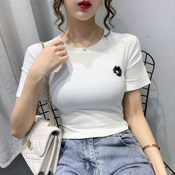 

2020 embroidered daisy short-sleeved white t- t- shirt female ins fashionable base shirt top