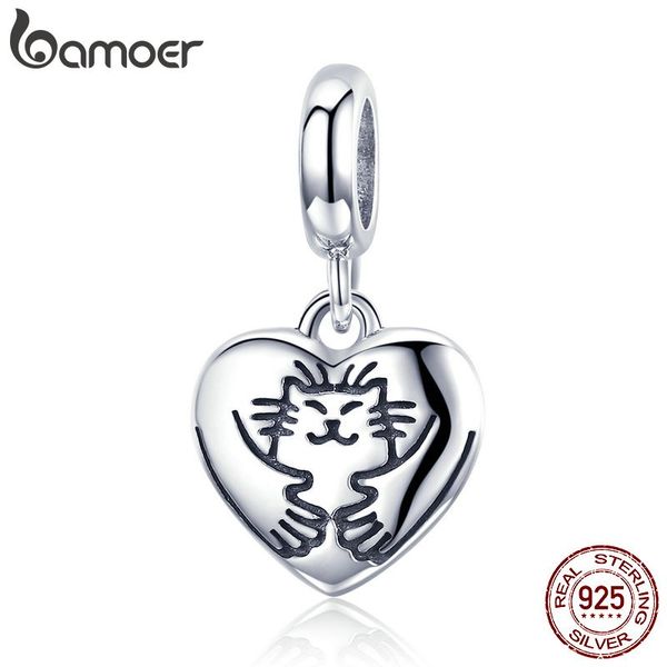 

bamoer genuine 925 sterling silver hug cat in heart shape pendant charm fit charm bracelet & bangles diy jewelry making scc955, Slivery;golden
