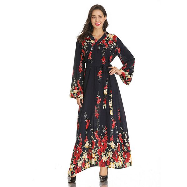 

women fashion floral long sleeve dress abaya muslim chiffon party gown islamic print maxi cocktail dresses kaftan arab robe gown, Red