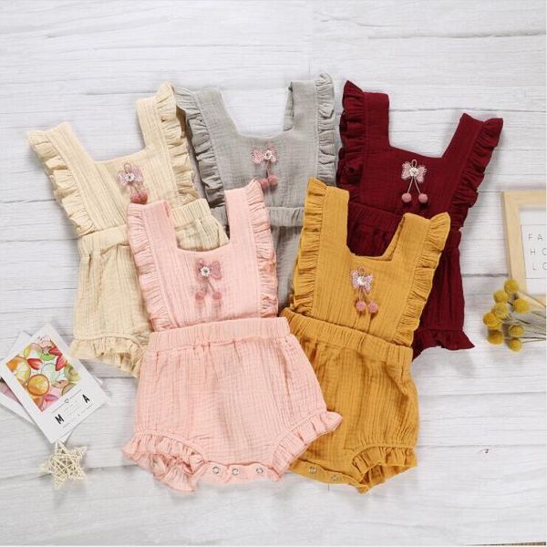 Macacões de bebê Crianças Meninas Falballa Jumpsuit Ruffle Chapéus Roupas Sets Sólidos Quadrado Coleira Algodão Linho de algodão Encantadoras Ternos BYP631