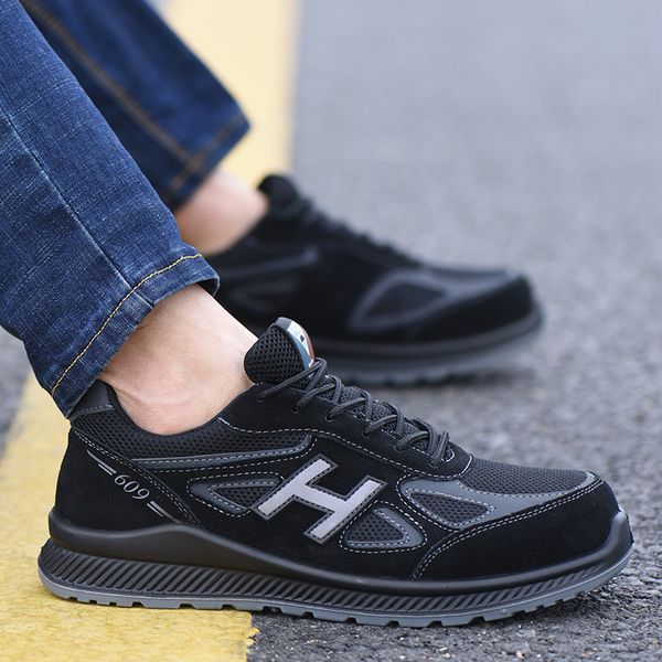

men fashion plus size steel toe caps work safety shoes breathable construction site worker shoe security low boots, Black