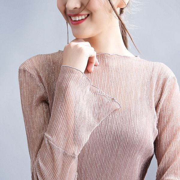 

2019 early base women's shining silk one-line collar temperament small silk shirt shirt fashion, White