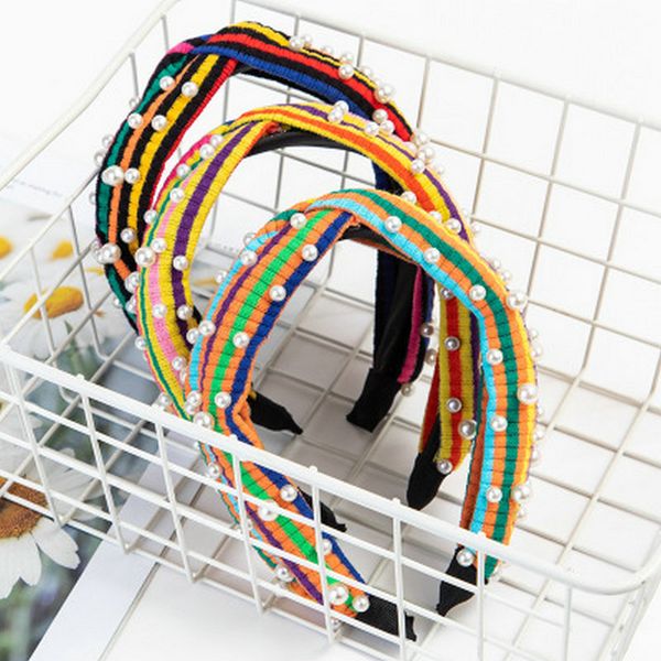 

rainbow hit color striped headband hairband elastic hair band pearl striped head bands camo ladies hair style rhlof, Black;brown