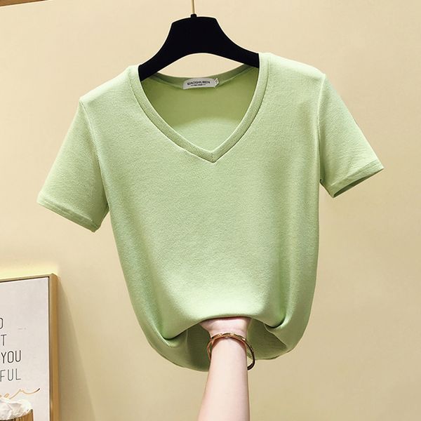 

women's t-shirt korea v neck white t shirt women clothes summer short sleeve casual tshirt female cotton tee femme 2021 green