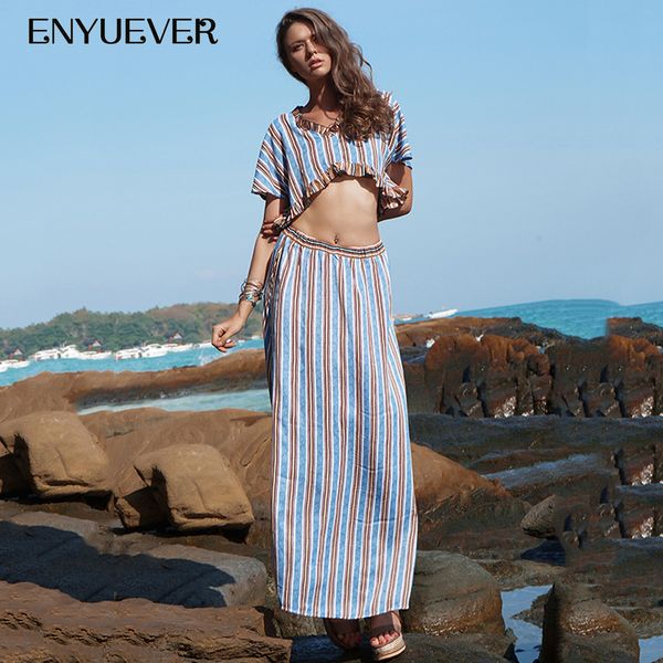 

enyuever 2019 two piece set womens sets summer beach bohemian striped ruffle loose vestido casual party crop and skirt set, White