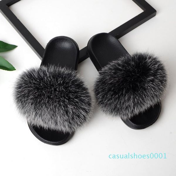 

rass ple 2019 real fox fur slippers slides shoes furry fuffly slipper flip flops sandals sliders drag sandal summer shoes women c01, Black