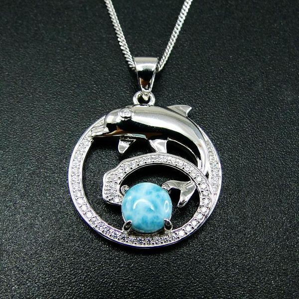 

925 sterling silver blue natural dominica larimar dolphin women's pendant necklace for gift