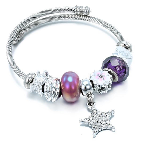 

new flower beaded bracelets adjustable lovely stylish elegant titanium stainless steel diy pentagram with diamond pendant, Black