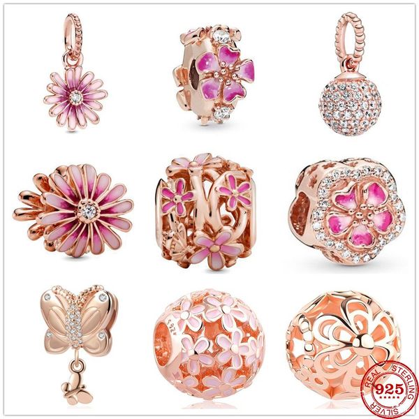 

newst 925 стерлингового серебра шариков розовый цветок маргаритки мотаться charm rose gold fit оригинал пандора подвески серебро 925 ювелирн