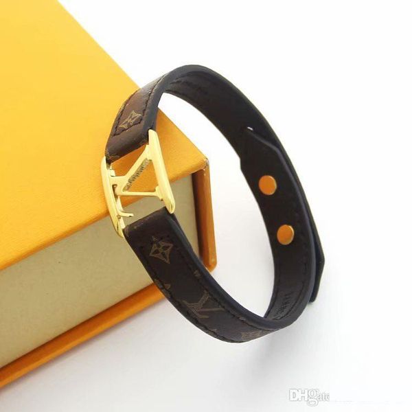 

brand named bracelets lady print flower hollow out v letter design leather bracelet bangle with 18k plated gold accessories, Black