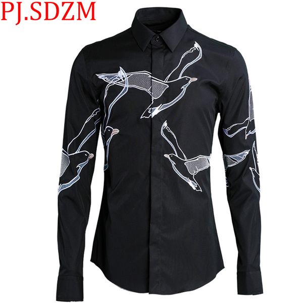 

2018 new fine embroidery flying pigeon fashion men's shirts breathable colorfast slim fit refined handcraft all-match -4xl, White;black