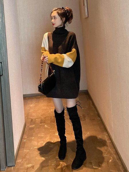 

turtleneck autumn sweater for women knitted sweater color block women female long sleeve pullover brown sweaters, White;black