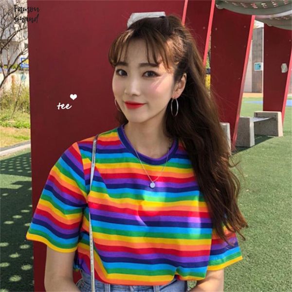 

рубашки женского корейских топы harajuku сыпучей радуга полосатая футболка женской t японского kawaii дама одежда для женщин, White