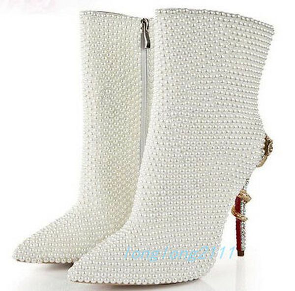 

women high stilettos heels boots rhinestones crystal pearls snake metal decor sequins totem genuine leather diy shoes, Black