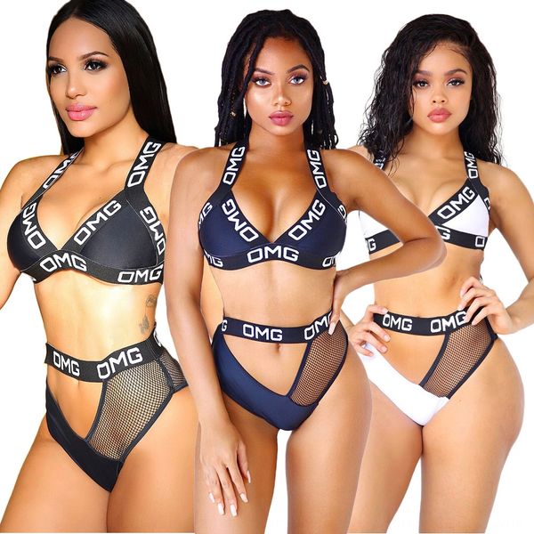 

ls6130 solid color split letter two-piece suit ls6130 solid color split letter bikini bikini two-piece suit, White;black