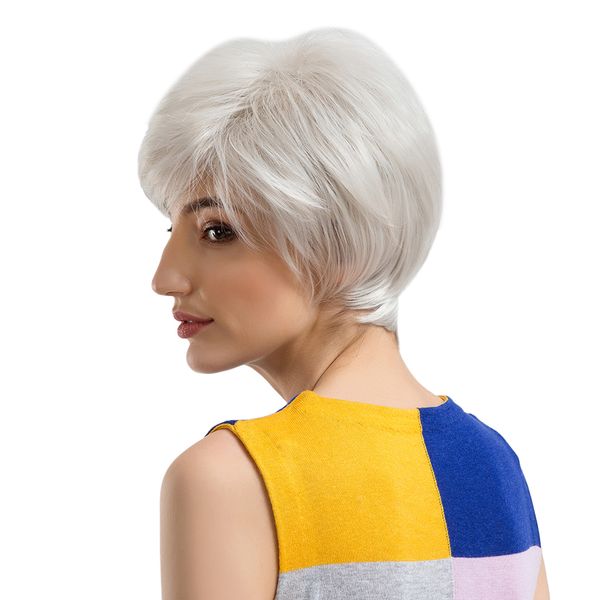 

10'' lady synthetic hair wig silver white short wigs with oblique bangs heat resistant for cosplay party daily fancy dress, Black