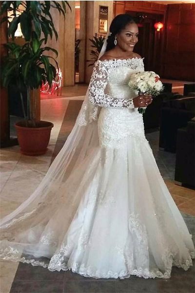 

2021 vintage mermaid white wedding dress illusion long sleeves fishtail train tulle lace bridal gowns plus size party dresses