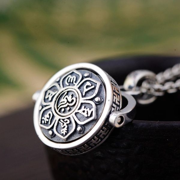 

cmajor 925 thai silver men's buddhism the six syllable mantra spinner pendant necklace handmade rotatable solid silver jewelry