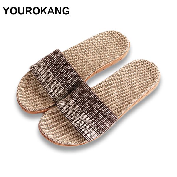 

yourokang summer men linen slippers indoor cool home slipper antiskid lightweight bedroom male shoes for lovers, Black