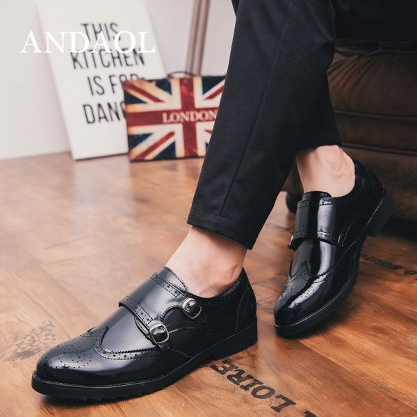 

andaol men's leather casual shoes new double belt buckle bright leather breathable oxfords luxury business office slip-on shoes, Black