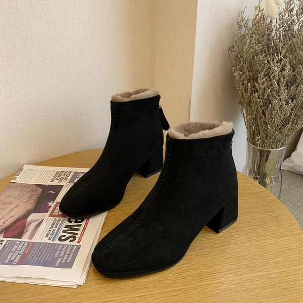 

rimocy fashion faux suede ankle boots women winter short plush warm chunky high heels shoes woman casual solid color booties, Black