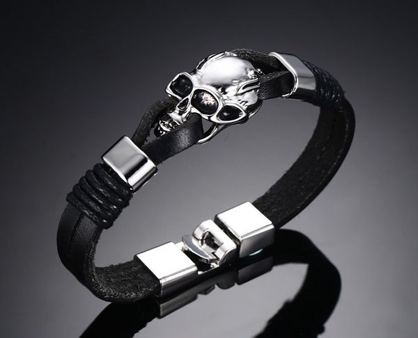 

2020 anime cosplay punk rock mens black durable leather bracelets gothic skull skeleton halloween bracelet, Golden;silver