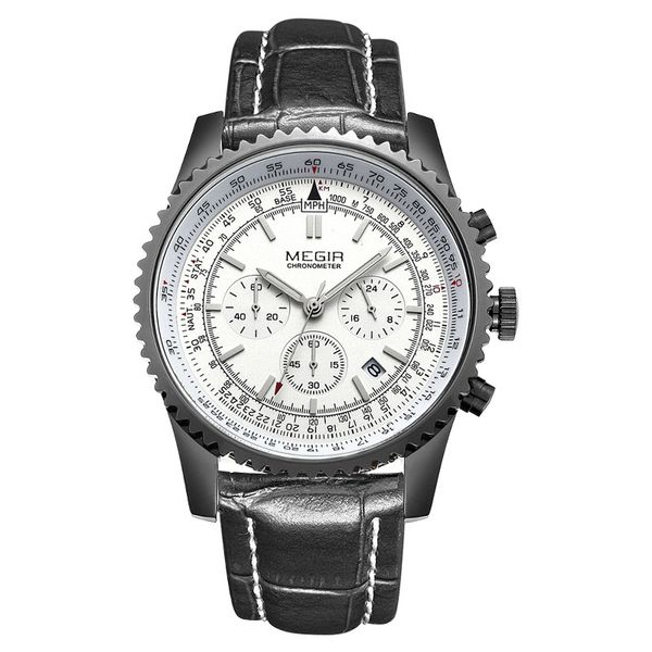 

megir multi-functional waterproof sports quartz watch fashion casual leather belt calendar chronograph wristwatch mens gifts, Slivery;brown