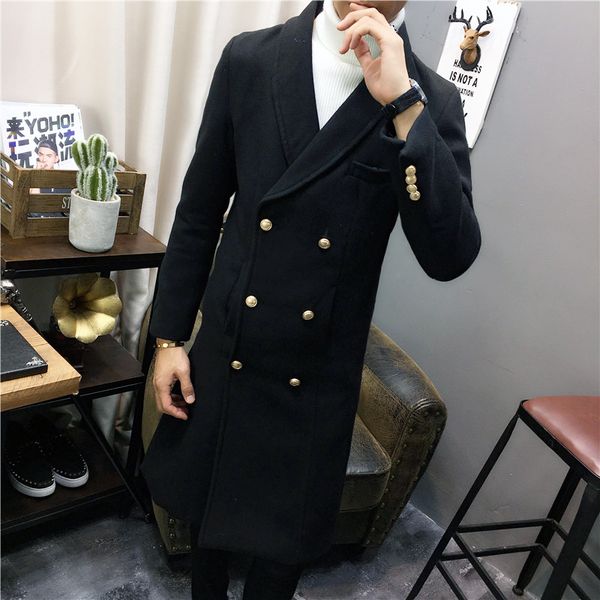

double breasted trench coat men green black with gold button winter long over men slim fit saco largo hombre woolblend coat, Tan;black