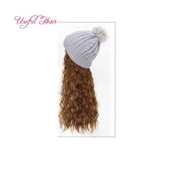 

women long straight wigs synthetic hair warms knitted wool hat baseball hat cap knitted wool synthetic warm long hair wig hat, Black