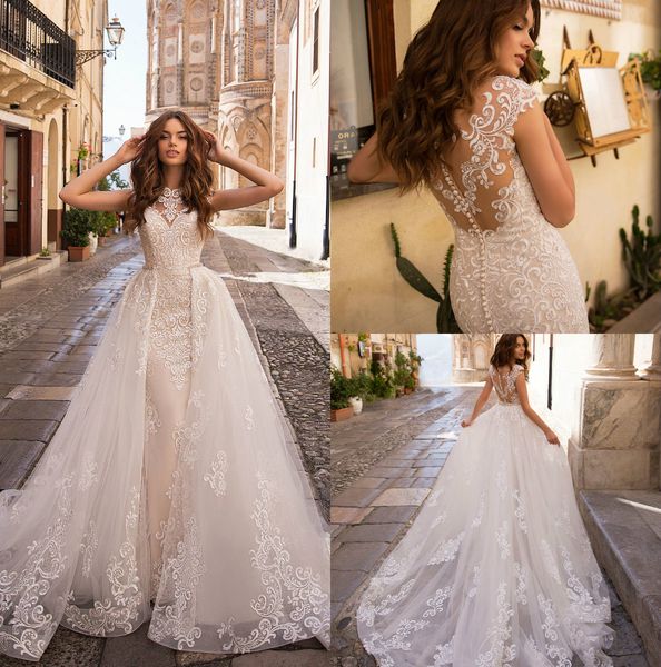 

lussanobridal mermaid wedding dresses with overskirts high neck lace bridal gown covered button back sleeveless boho wedding dress cheap, White