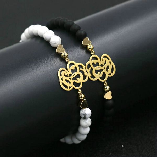 

women's bracelet hollow design stainless steel bracelet men lucky charm natural stone beads bracelets for couples girl jewelry, Black