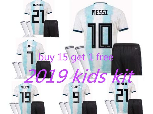 

2019 2020 argentina messi soccer jersey kids kit+socks 19/20 copa america cup dybala higuain icardi camisetas de futbol home football shirt, Black