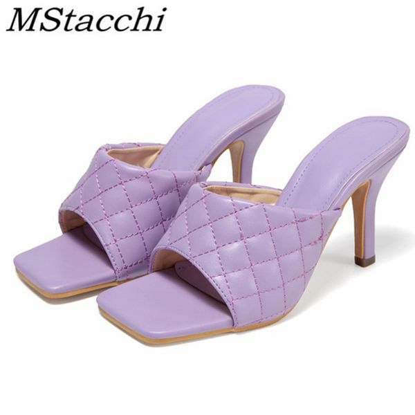 

mstacchi women slippers square toe microfiber high heel shoes outdoors check design thin heel women shoes fashion slippers, Black