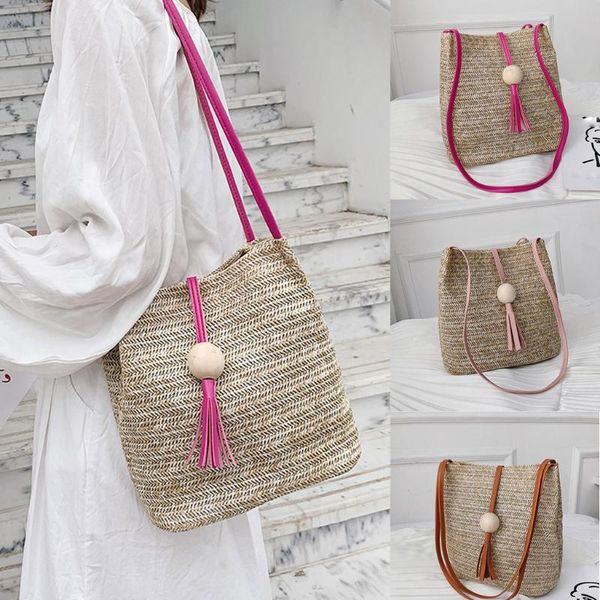 

fashion ladies summer straw bags women tassel wood ball wild shoulder bag beach casual bags for women 2019 bolso mujer