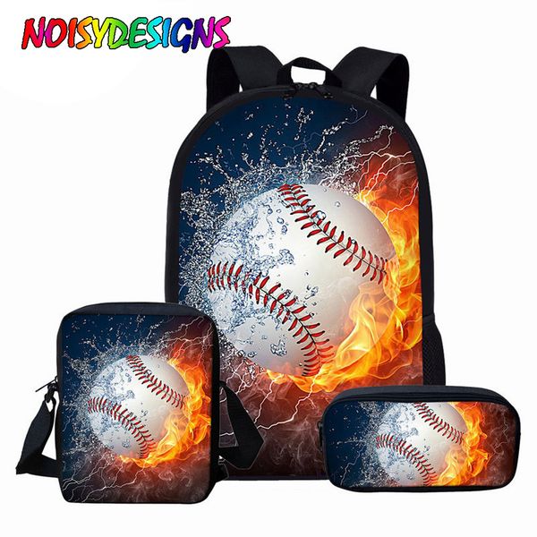 

noisydesigns 3pcs school bag sets fire baseball prints kids book bag for boys girls orthopedic schoolbag mochila ing
