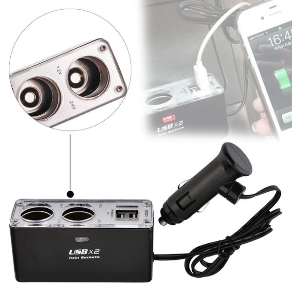 

car accessories cigarette lighter splitter adapter 12/24 v dual sockets dual usb car charger