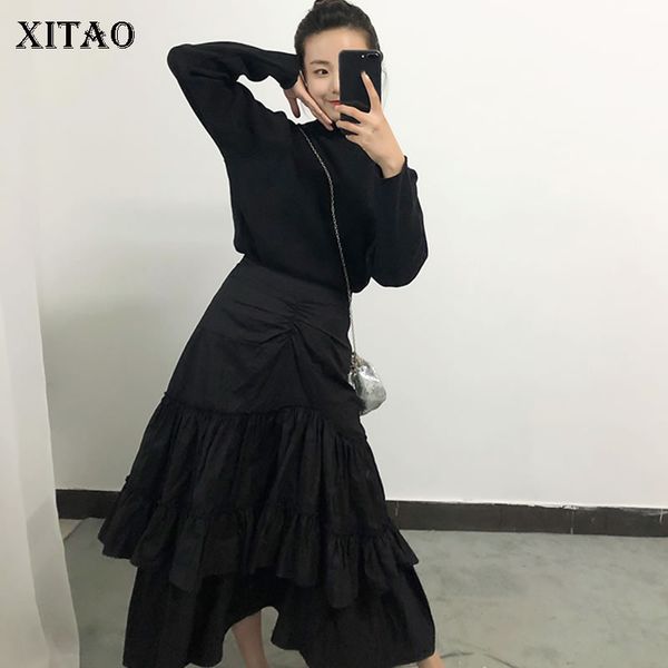 

xitao] 2019 spring summer new women fashion casual skirt female solid color asymmetrical ruffles mid-calf loose skirt lyh3242, Black