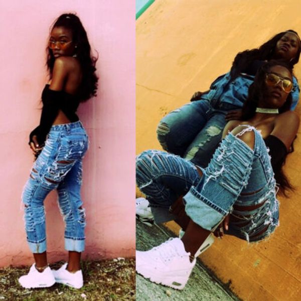 

women ripped knee jeans pants denim stretch trousers skinny elastic jeggings, Blue