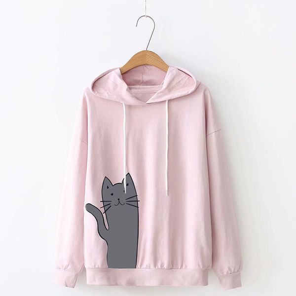 

women sweatshirt kawaii cat printed hoodies loose long sleeve drawstring student japanese sweatshirt pullover jumper moletom, Black