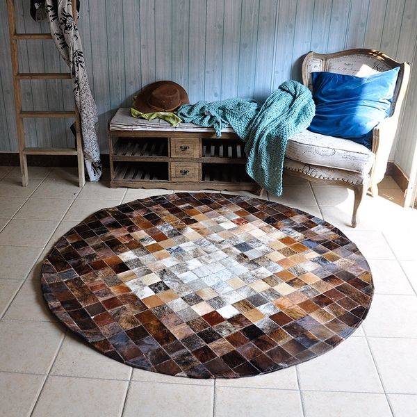 

cowskin splicing round cowhide carpet houses clubhouse home living room chair round rug