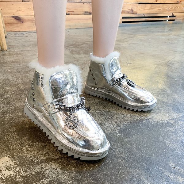 

silver glitter snow boots women platform ankle boots non slip waterproof winter shoes women thick plush metal chain decoration, Black