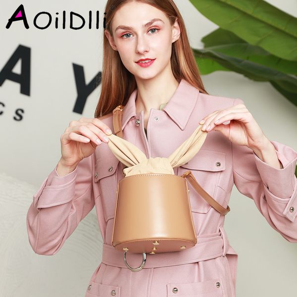 

aoildlli cylinder small genuine leather bags for women bucket handbags female shoulder bags 2020 box pack