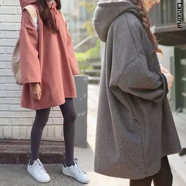 

женская толстовки женской одежды новая мода женщины harajuku стиль сыпучие толстовки женщины длинные сплошной цвет с капюшоном топы bf корей, Black