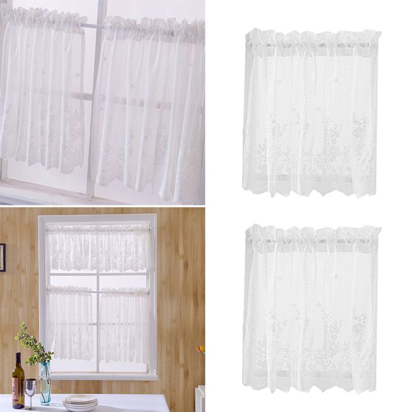 

4pcs floral embroidered short curtain window tiers sheer voile for cafe kitchen office, study room, banquet hall, bathroom etc 74x61cm white