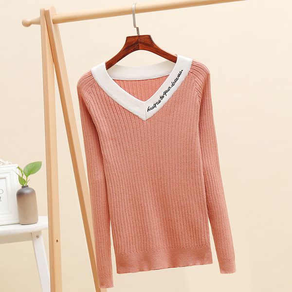 

fashion v neck slim embroidery letter autumn winter knit pullover sweater thin pull femme casual short women long sleeve, White;black