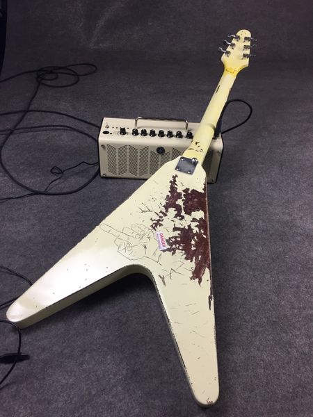 

rare 1976 james hetfield metallica kill 'em all olympic white heavy relic flying v electric guitar, copy emg pickup, abr little pin bri