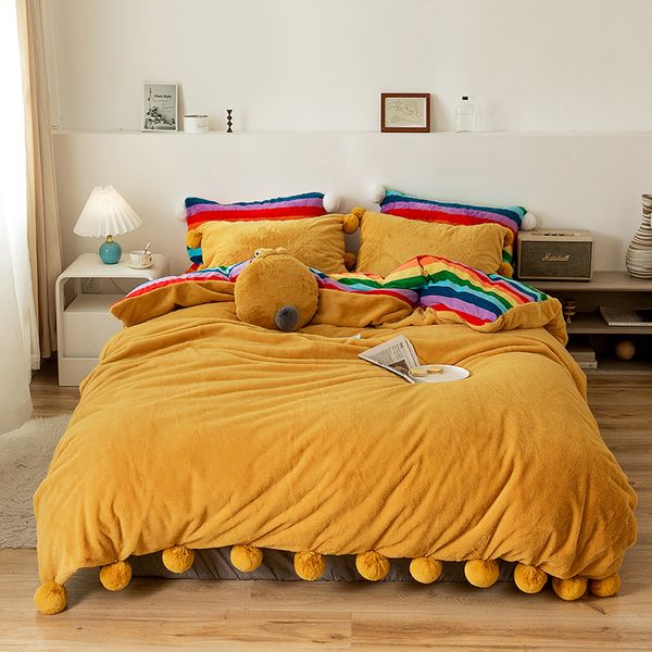 

yellow gray white seven rainbow winter warm flannel velvet fleece princess girl bedding set duvet cover bed sheet pillowcases
